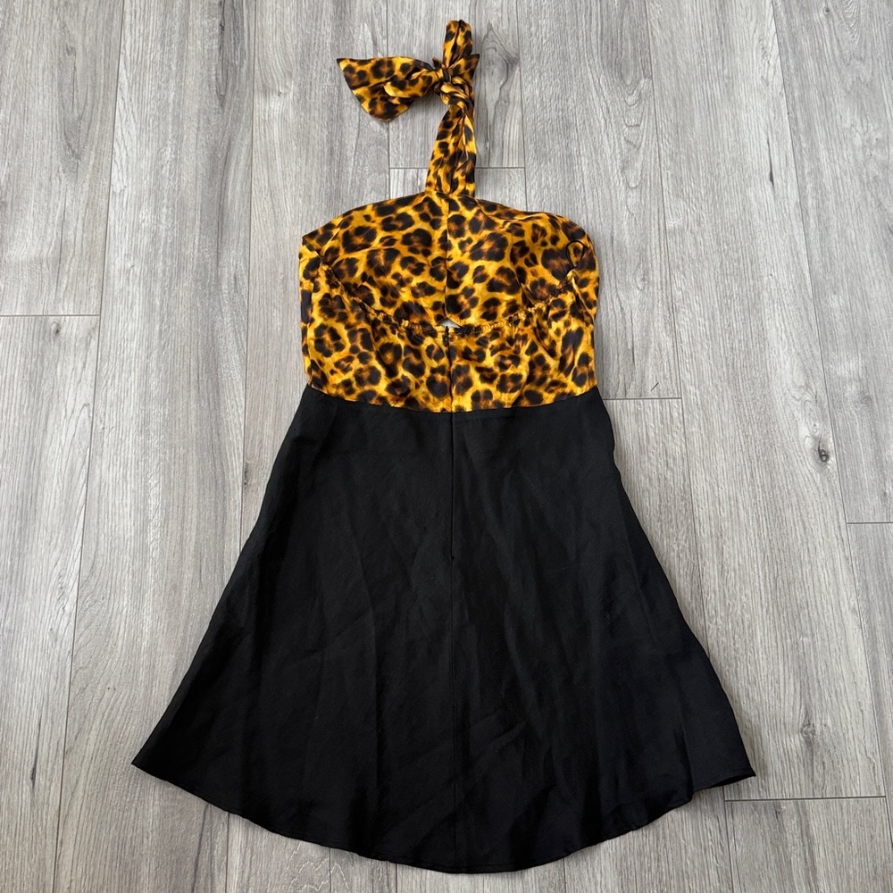 SANDRO Paris Ruched Halter Linen Blend Mini Dress with Leopard Animal Print - Picture 6 of 10